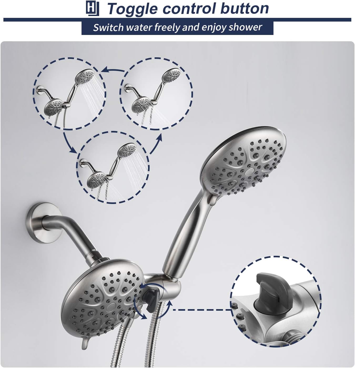 Homelody 5" High Pressure Shower Head and Handheld Shower, Brushed Nickel Dual Shower System 6-Settings Unique 3-Way Water Diverter with Stainless Steel Hose - - 