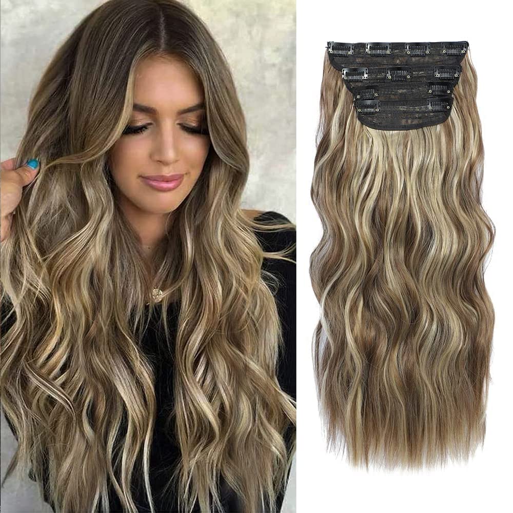 MORICHY Hair Extensions Clip In, 20 Inch Long Wavy Hair Extensions 4Pcs Synthetic Soft & Tangle-Free for Volume & Length Hairpieces for Daily Use/Various Occasions (Ash Brown to Bleach Blonde)