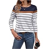 WDIRARA Women's Striped Long Sleeve T Shirts Color Block Crew Neck Tee Tops