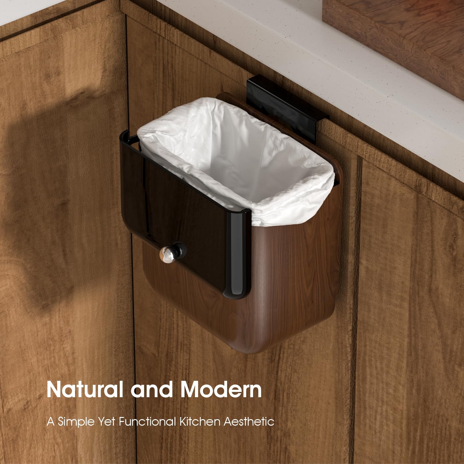 ZNYOPA Vintage Kitchen Trash Can with Lid, Large 3.2 Gallon/12 Liter Capacity, Hanging Compost Bin, for Under Sink or Cupboard, Bathroom, Bedroom, Walnut Color