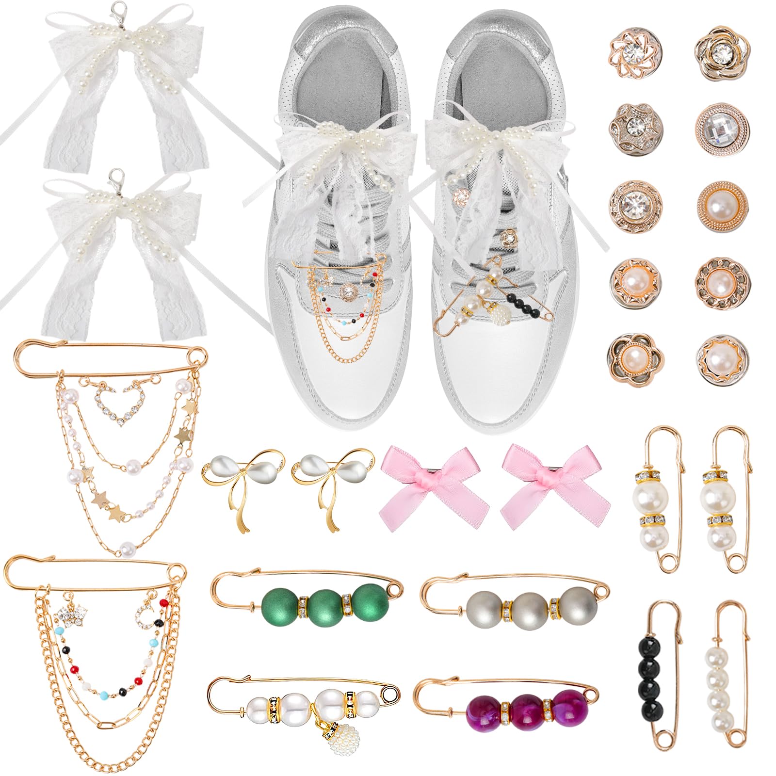 Photo 1 of *2 pack* 26Pcs Shoe Charms Kits for Sneaker - Junk Socks Charm Kit for Women, Brooches Lace Bows Pearl DIY with Lobster Clasp & Safety Pins Buttons Rhinestone for Bag Clothing Accessories