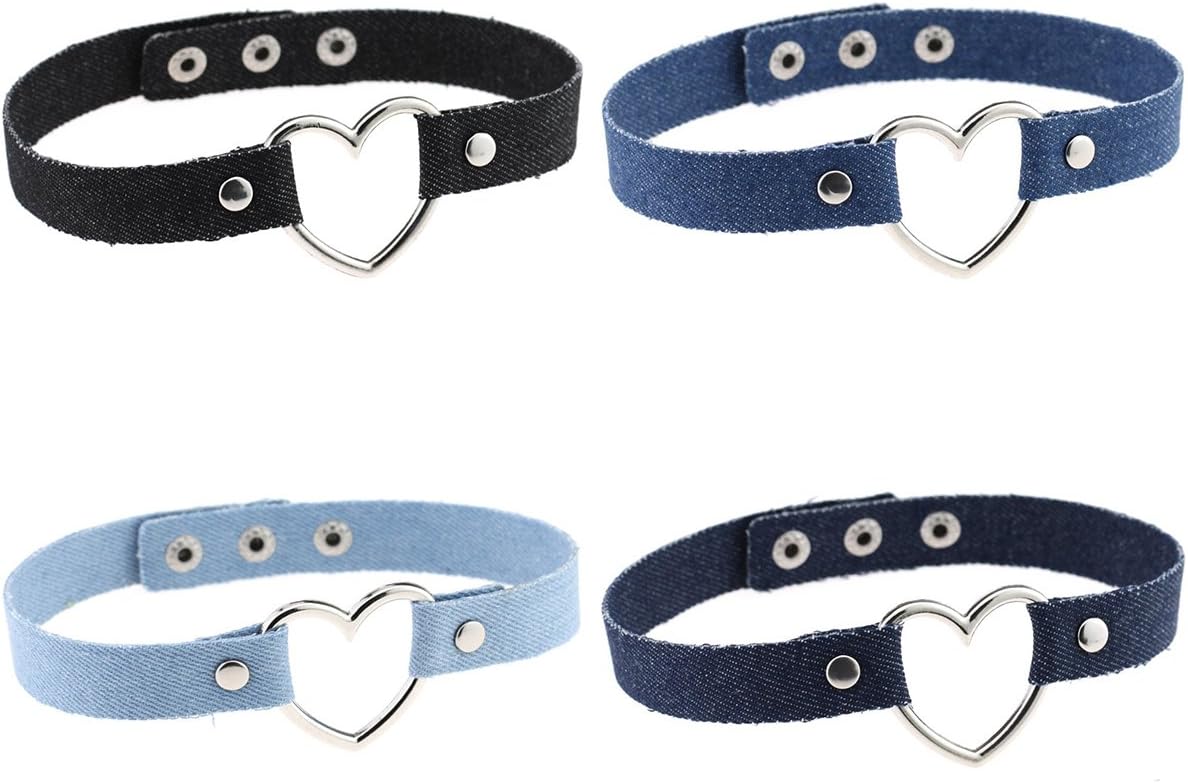 FM FM42 Multicolor Heart Ring Denim Collar Choker Necklace Set, 4PCs PN1393