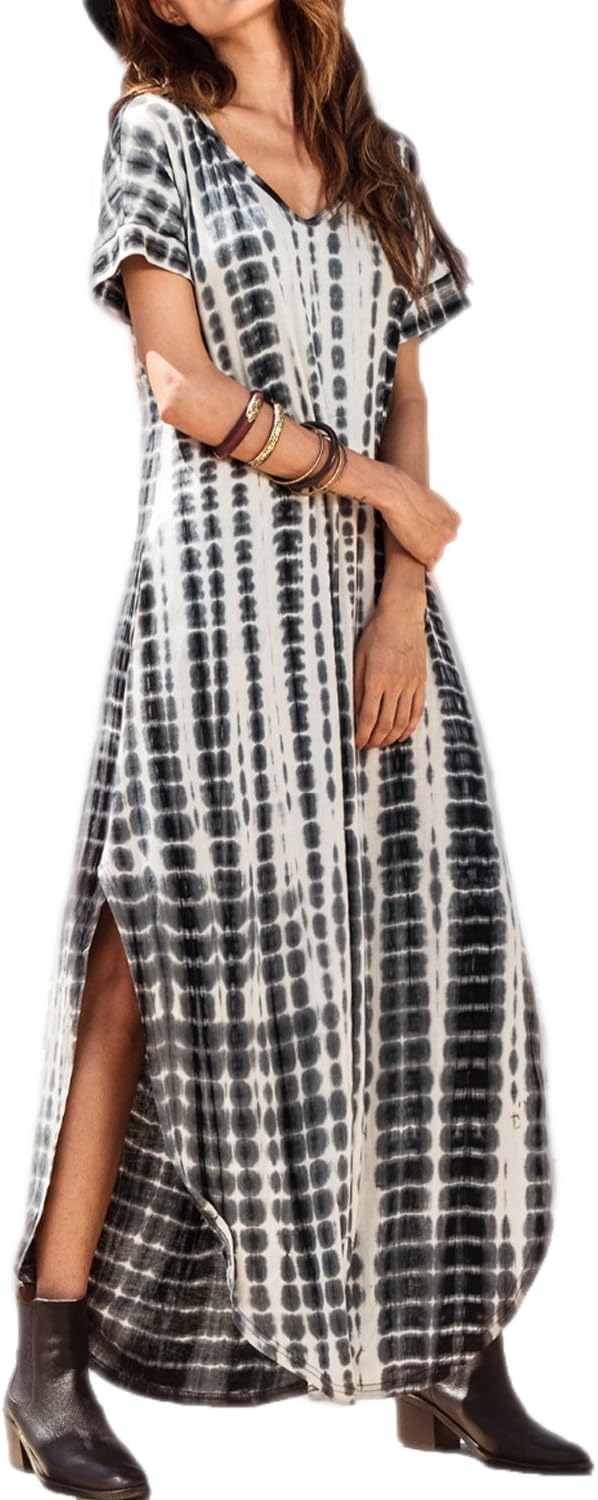 Women Casual Maxi Dress Summer Tie Dye/Floral Loose Long Dresses with Pockets