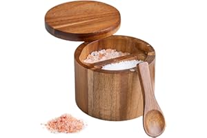 Salt Container with Spoon 2 Compartment 3.5x2.8 Inch Wooden Cellar with Magnetic Swivel Lid Spice Box for Kitchen, Salt Box