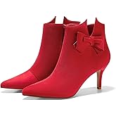Ermonn Womens Pointed Toe Ankle Boots Stiletto Heels Side Zipper Bow Faux Suede Booties Wedding Dress Shoes