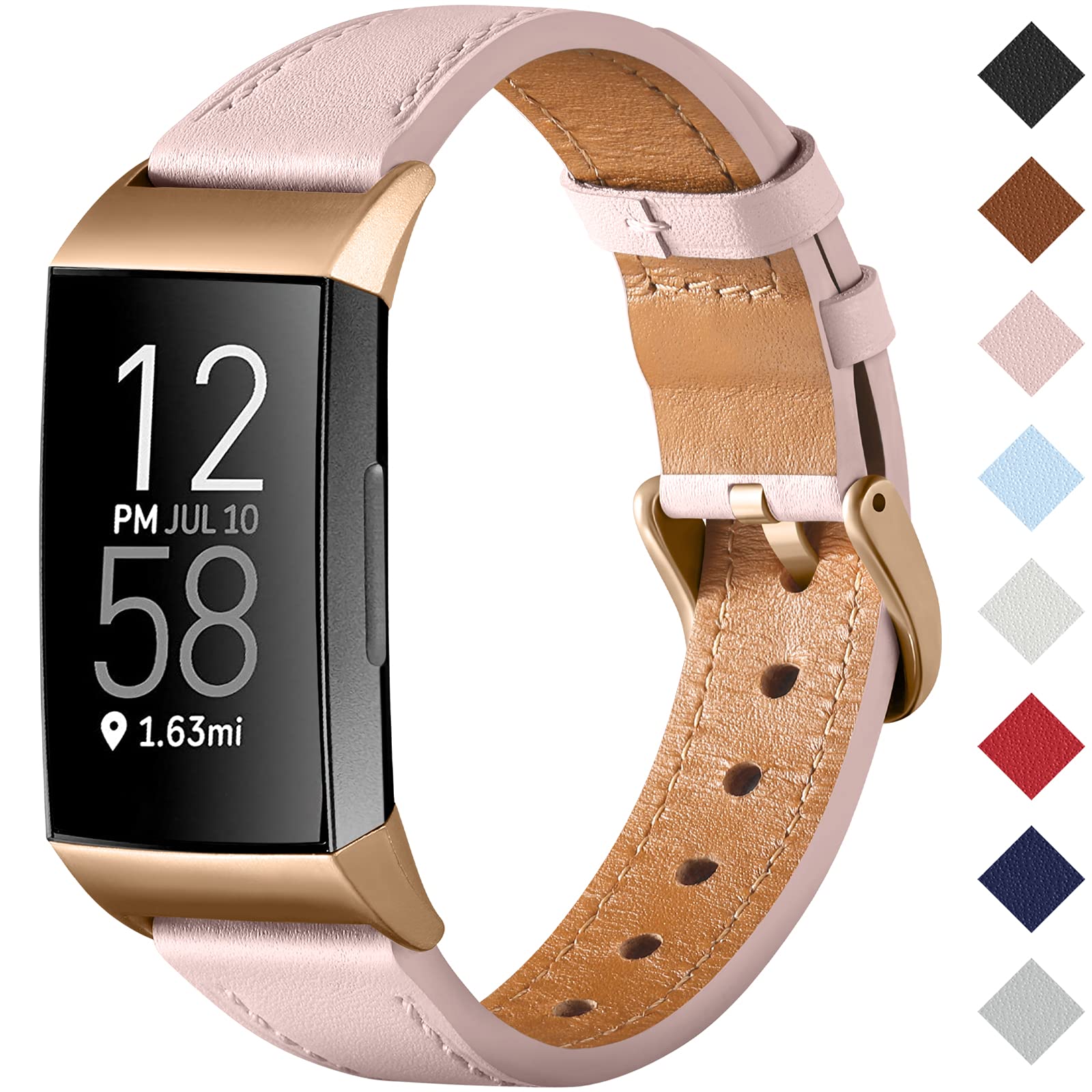 CeMiKa Strap Compatible with Fitbit Charge 4/3, Genuine Leather Replacement Wristband for Charge 4/3 Tracker, Pink/Rose Gold