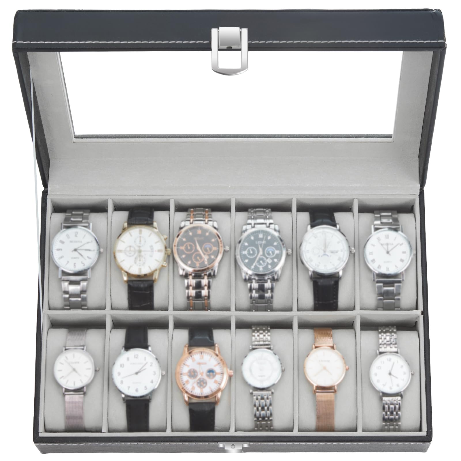 Ohuhu Watch Box with 12 Slots, Watch Case with Glass Lid, Watch Holder with Removable Velvet Pillows, PU Leather, Metal Clasp, Gift Idea for Birthday Valentine's Day