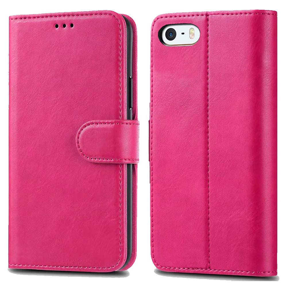 GAPlus iPhone SE 5 5S Case Premium Leather Flip Wallet Case Cover Pouch For iPhone SE 5 / 5S and Screen Protector With Polishing Cloth And Stylus (Pink)