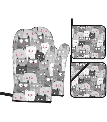 Set Manique Et Gant De Four Motif Chats - Résistant à 180°C, Antidérapant, Imperméable, Boucle De Rangement - 10