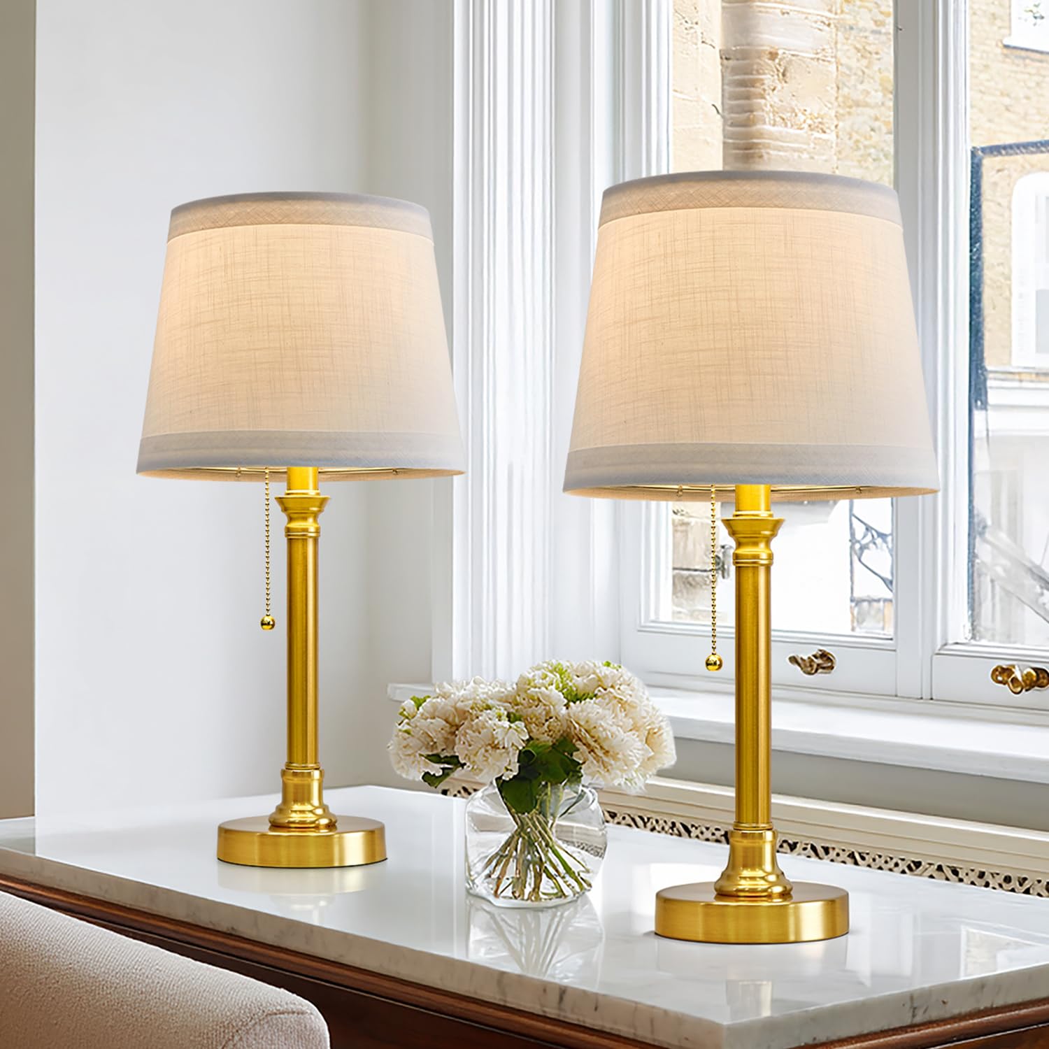Photo 1 of Oneach 19.5” Gold Table Lamps Set of 2, Pull Chain Switch Bedside Table Lamps, Modern Nightstand Lamp with White Linen Shade, Small Brass Lamp for Living Room, Bedroom, Home Office, Nursery