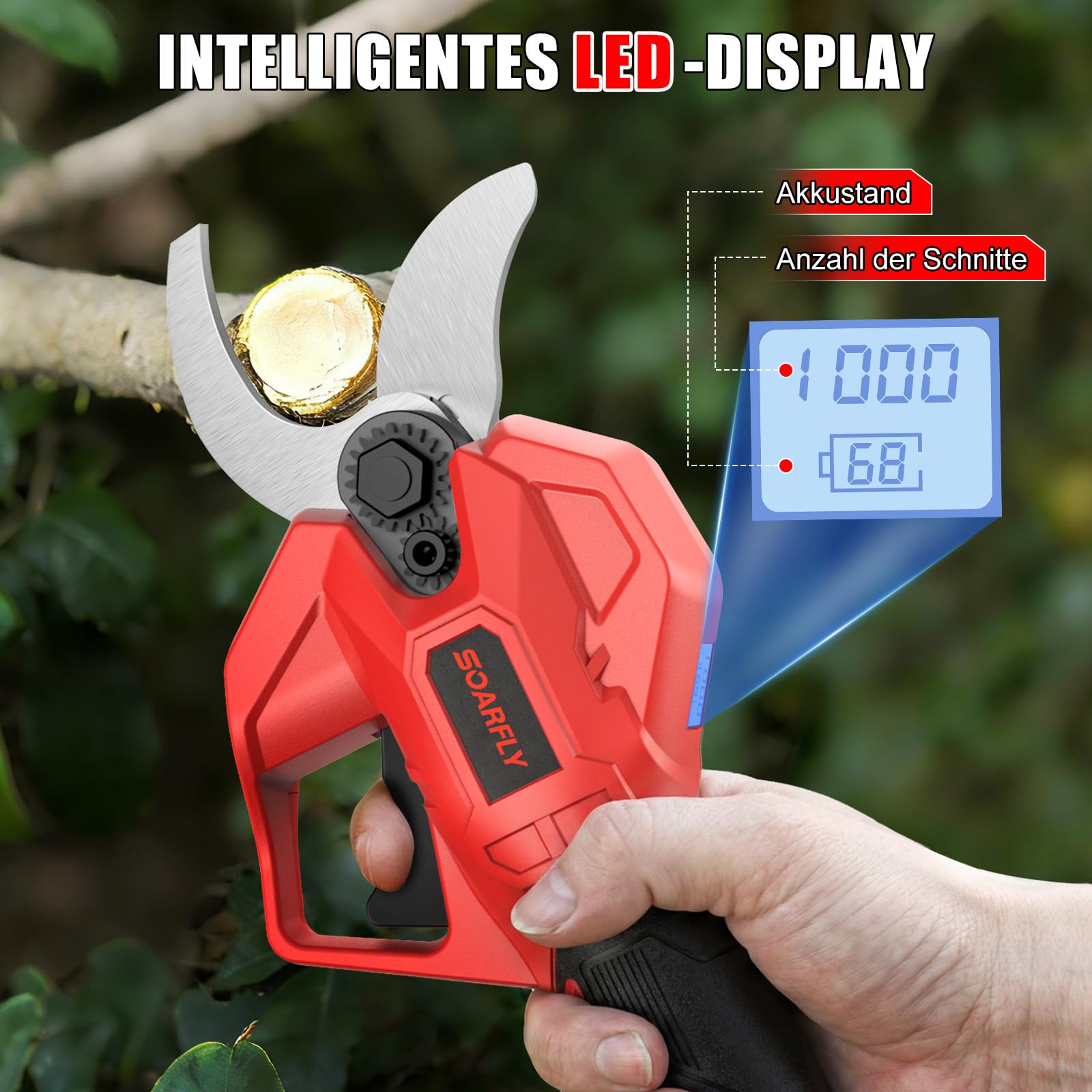 SOARFLY Akku Astschere 50mm, Elektrische Gartenschere mit 2 Akkus, Leistungsstarke Astschere Akku für Obstbäume Garten und Sträucher, Kabellose Gartenschere mit SK7 Klinge und Sicherheitsfunktion, Rot 6