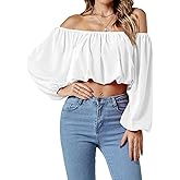 Umenlele Women’s Casual Off Shoulder Ruched Lantern Long Sleeve Crop Top Blouse Shirt