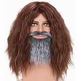 poipoilu Mens Long Brown Cosplay Wigs with Fake Beard Set for Men Cosplay Party Costume Wigs (Burgundy)