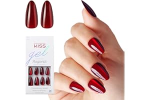 KISS Gel Fantasy Magnetic Press On Nails Almond, Solid Red, Medium Length, 28 Fake Nails, Pink Gel Nail Glue (Net Wt. 2 G / 0.07oz.), Manicure Stick, and Mini Nail File