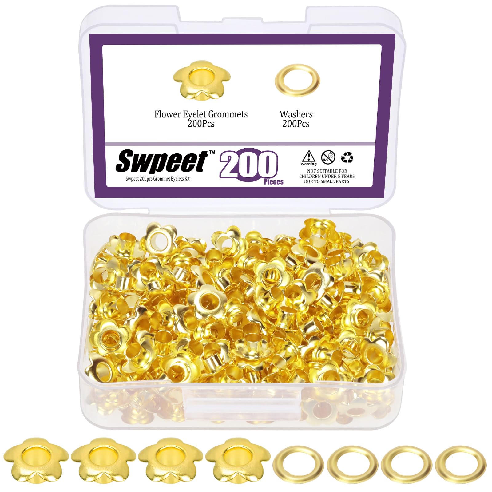 Swpeet 200Sets 3/16" (5mm) Gold Hole Flower Grommets Metal Grommets Eyelets Grommet Kit, Metal Eyelets Kits Grommets Eyelets for Repairing Canvas, Leather, Curtains