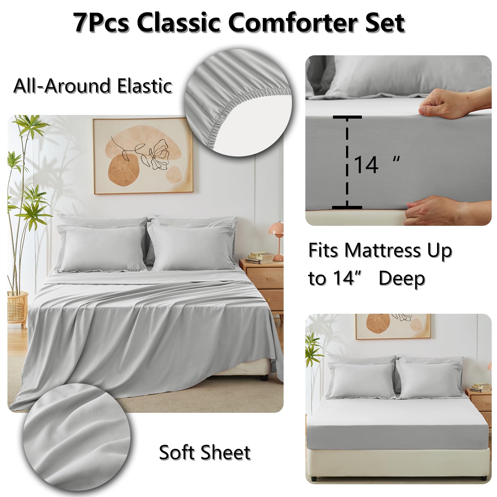 CozyLux Queen Comforter Set Light Grey - Bed in a Bag Queen Size 7 Pieces, Luxury Soft Bed Set for All Seasons, Bedding Set with Down Alternative Comforter, Sheets, Pillowcases & Shams