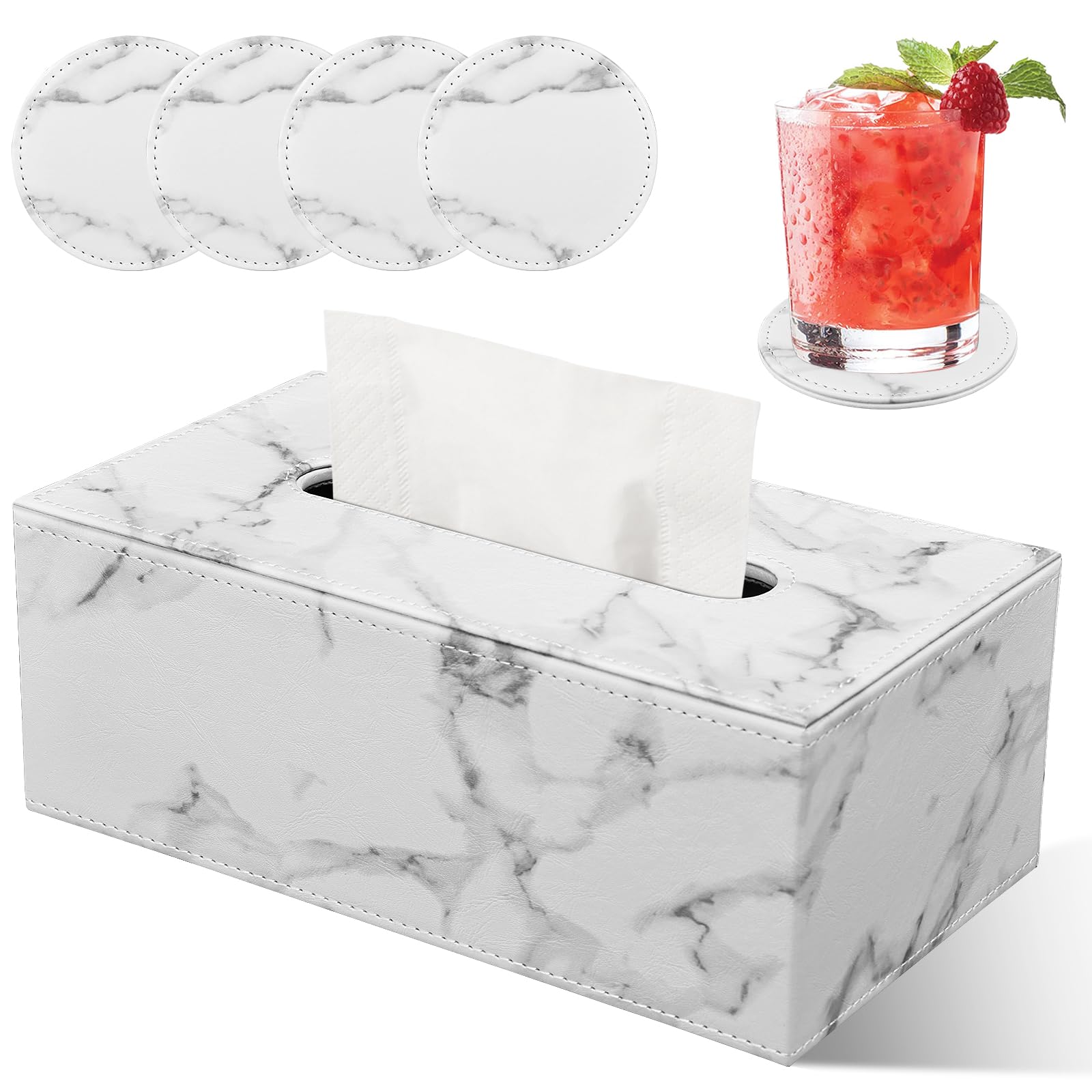 LADSTAG Leather Tissue Box Tissue Box Cosmetic Tissue Box with 4 Coasters Tissue Box Tissue Box Cover Rectangular W × D × H 25 × 13.5 × 9 cm (Marble)