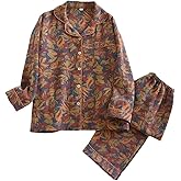Vintage Leaf Cotton Lapel Loungewear Set, Ginkgo Leaf Button Colorful Floral Pure Pajama, Women's Pajama Two Piece Set