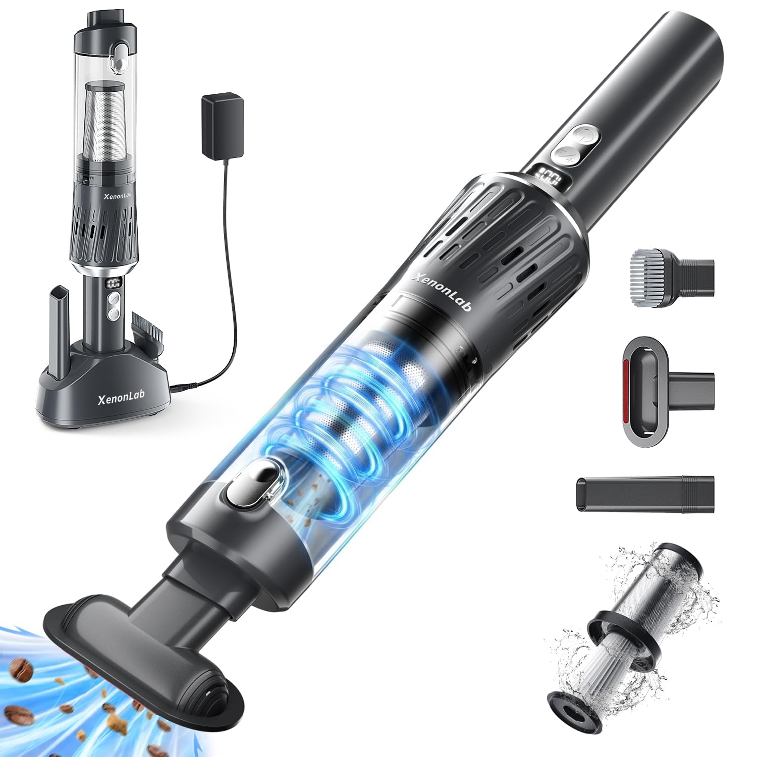 XenonLab Portable Cordless Vacuum Cleaner for Car, Home & Office, Lightweight Handheld Vacuum with HEPA Filter, One-Touch Dust Empty, Rechargeable -​Silver