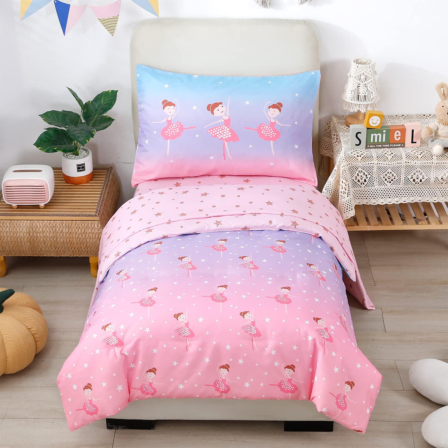 STYHO Children Bedding Set Single Size Reversible Dancing Girls Pattern Duvet Cover for Kids/Junior Gradient Comforter Cover Stars Printed Ultra Soft Microfiber Quilt Cover(Blue/Purple/Pink, Single)