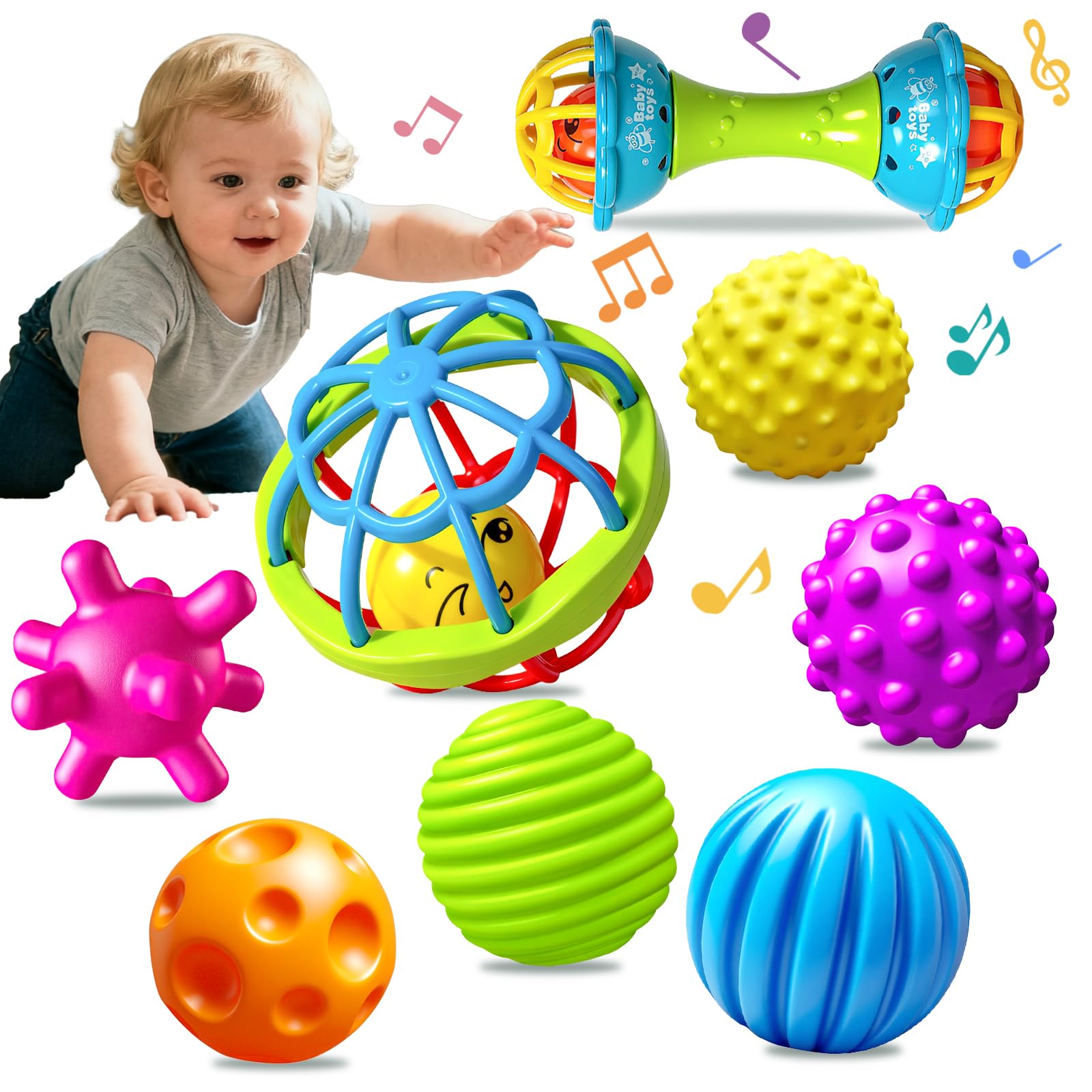Ynanimery 8 Pack Baby Toys 0-6 Months Sensory Ball Toys for Newborn - Include MultiTextured Balls & Baby Rattle, Montessori Toys with Soft Rubber Balls, Educational Toys for Baby Birthady Gift