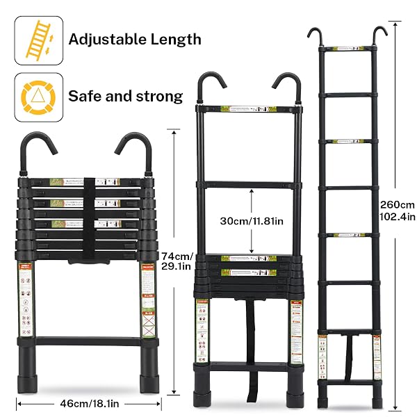 RIKADE TELESCOPIC LADDER, 8.5FT ALUMINUM TELESCOPING LADDER WITH NON-SLIP FEET AND STABLE HOOK, PORTABLE EXTENSION LADDER FOR HOUSEHOLD AND OUTDOOR WORKING, MAX LOAD 330LBS, BLACK