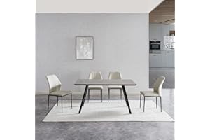 ZckyCine Modern 5-Piece Kitchen Table Set Rectangular Wood Dining Table with 4 Upholstered Leather Chairs (46.5" Table + 4 White Chairs)