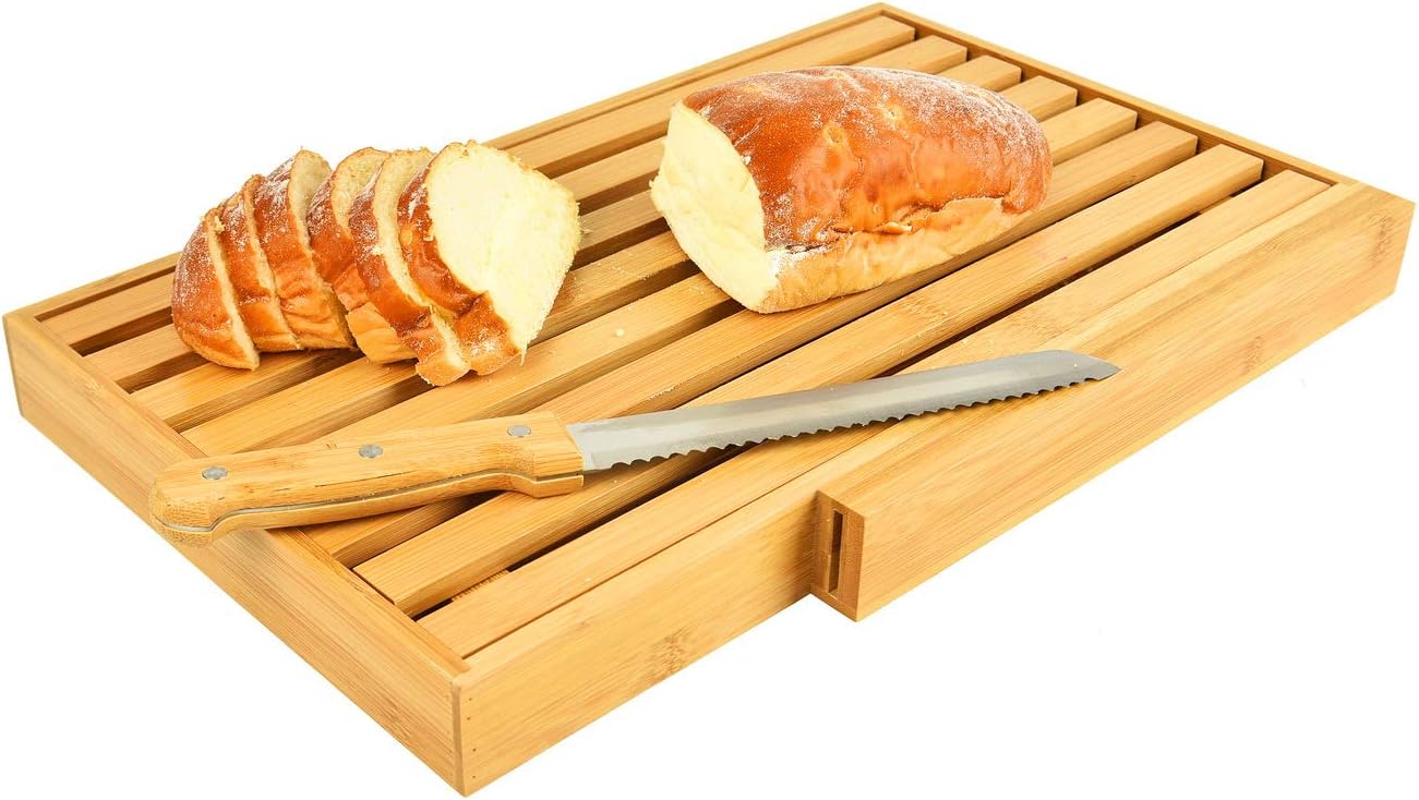 Large Bamboo bread slicer with bread knife, crumb catcher/tray to cut homemade bread, loaf cake and bagel,bread cutting board