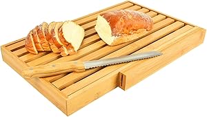 Large Bamboo bread slicer with bread knife, crumb catcher/tray to cut homemade bread, loaf cake and bagel,bread cutting board