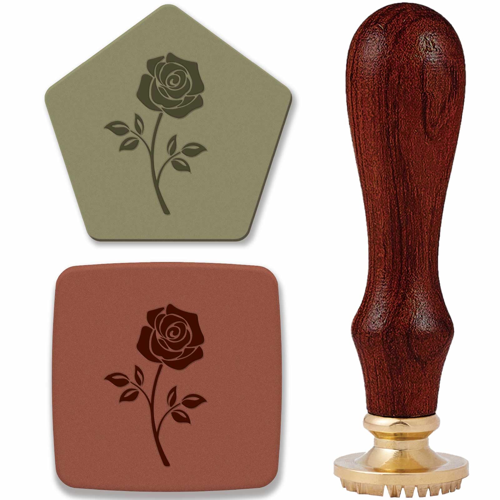 CRASPIRE Pottery Stamp for Clay Handmade 1 inch(25mm) Rose Ceramics Stamp Removable Wood Head with Golden Handle Unique Imprints DIY Crafts Polymer Clay Tools Makers