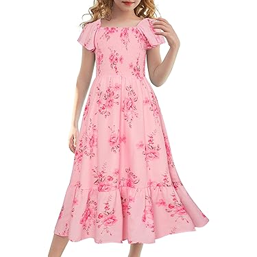 amazon junior casual dresses Amazon.com: KYMIDY Girls Short Sleeve Floral Dress Kids Casual Boho Midi Dress with Pockets, Orange, 6 Years: Clothing, Shoes & Jewelry
