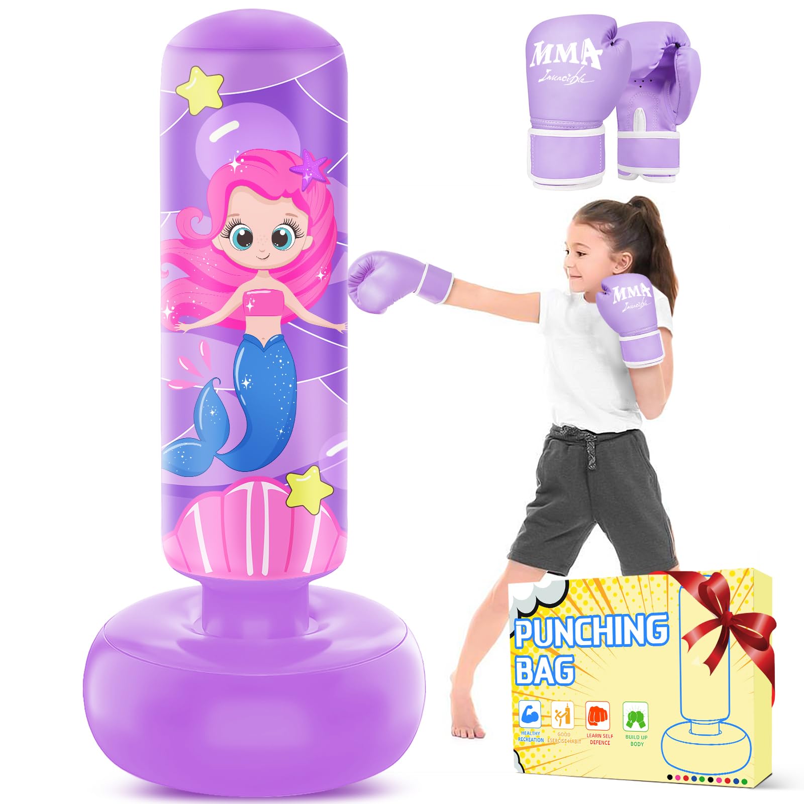 JUOIFIP Punching Bag for Kids, 66'' Large Inflatable Punch Bag With Boxing Gloves, Free Standing, Great Gift for Girls Age 5-12, Set for Practicing Karate, Taekwondo, MMA