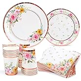 HOMIX Floral Paper Plates and Napkins Cups Sets Pink Flower Tea Party Supplies Disposable Dinnerware Sets Serves 24 for Bridal Shower, Birthdays