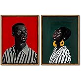 Abstract African American Wall Decor Black Couple Canvas Wall Art Set of 2 Black Women Men Portrait Painting Fashion Afro Women Men Posters Prints for Bedroom Living Room Office Decor 12x16in Unframed