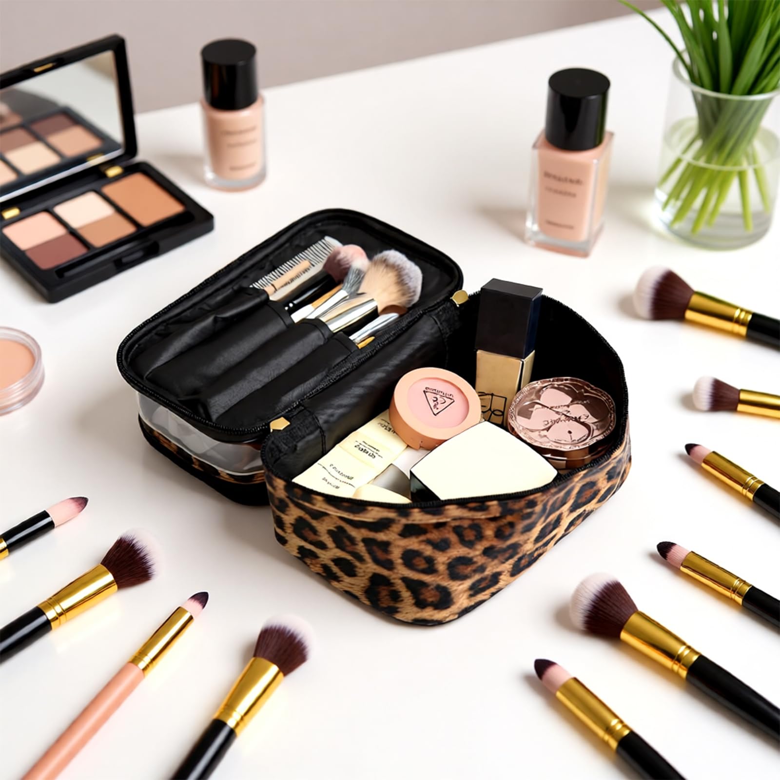 Double-layer Cosmetic Bag Makeup Bag Travel Makeup Bag Makeup Bags for Women Cosmetics Cases Portable Waterproof Foldable (Leopard)