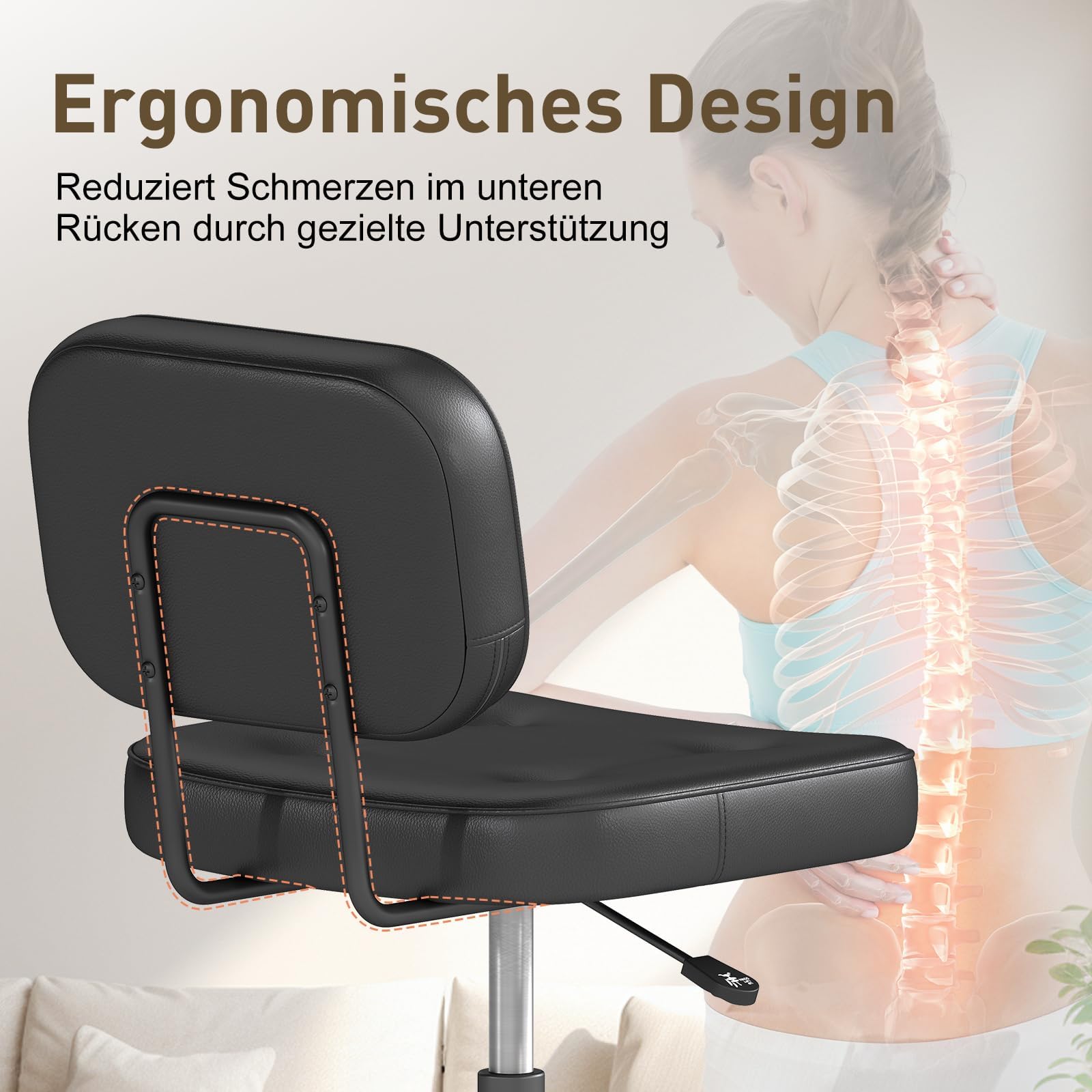 AnyGod Schreibtischstuhl ohne Armlehne für Home Office, Kompakter Drehstuhl mit Rollen & Höhenverstellbar, Ergonomischer Computerstuhl für kleine Räume, Arbeitszimmer & Schminktisch, PU-Leder Schwarz 5