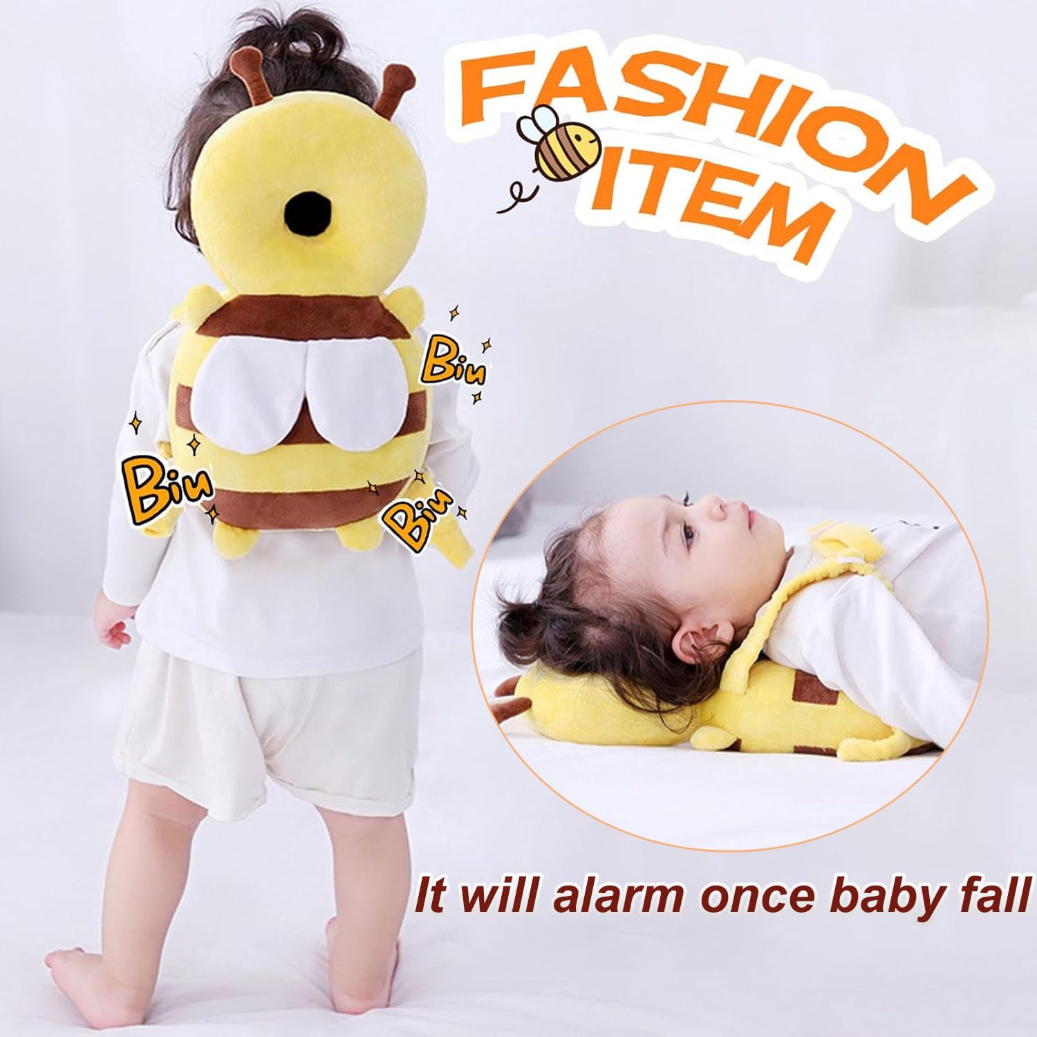 Baby Head Protector Backpack, Toddler Baby Head Protection Backpack with Baby Knee Pads Alarm Function for Walking & Crawling, Soft, Breathable and Wearing Safety Baby Head Protector - Yellow Bee
