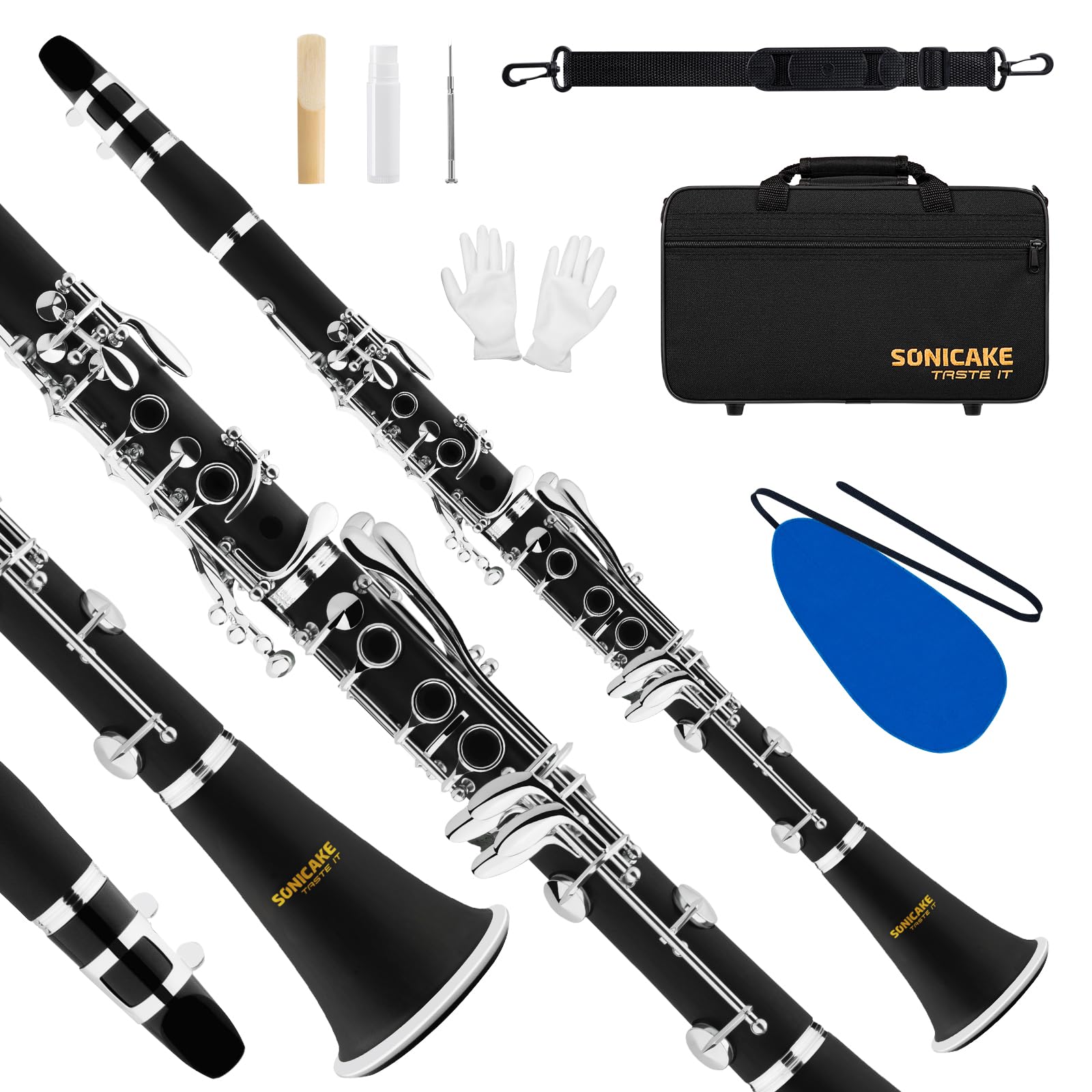 Photo 1 of SONICAKE B Flat Clarinet for Beginner & Student, Nickel-plated Bb Ebonite Clarinet 2 Barrels, Reeds with Cleaning Kit, White Gloves and Hard Case, Black, QCR-01
