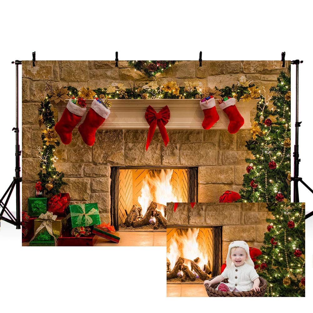 Mehofoto Christmas Tree Fireplace Stockings Red Ribbon Photo Studio Backdrop