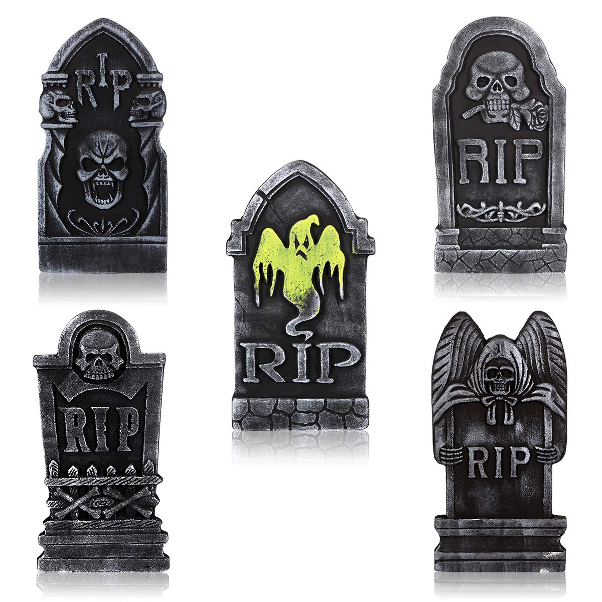 Toyvian 15.7 Halloween Tombstone,5 Pack Foam RIP Headstone Creepy Halloween Yard Signs with Metal Stakes for Scary Graves Party Supplies