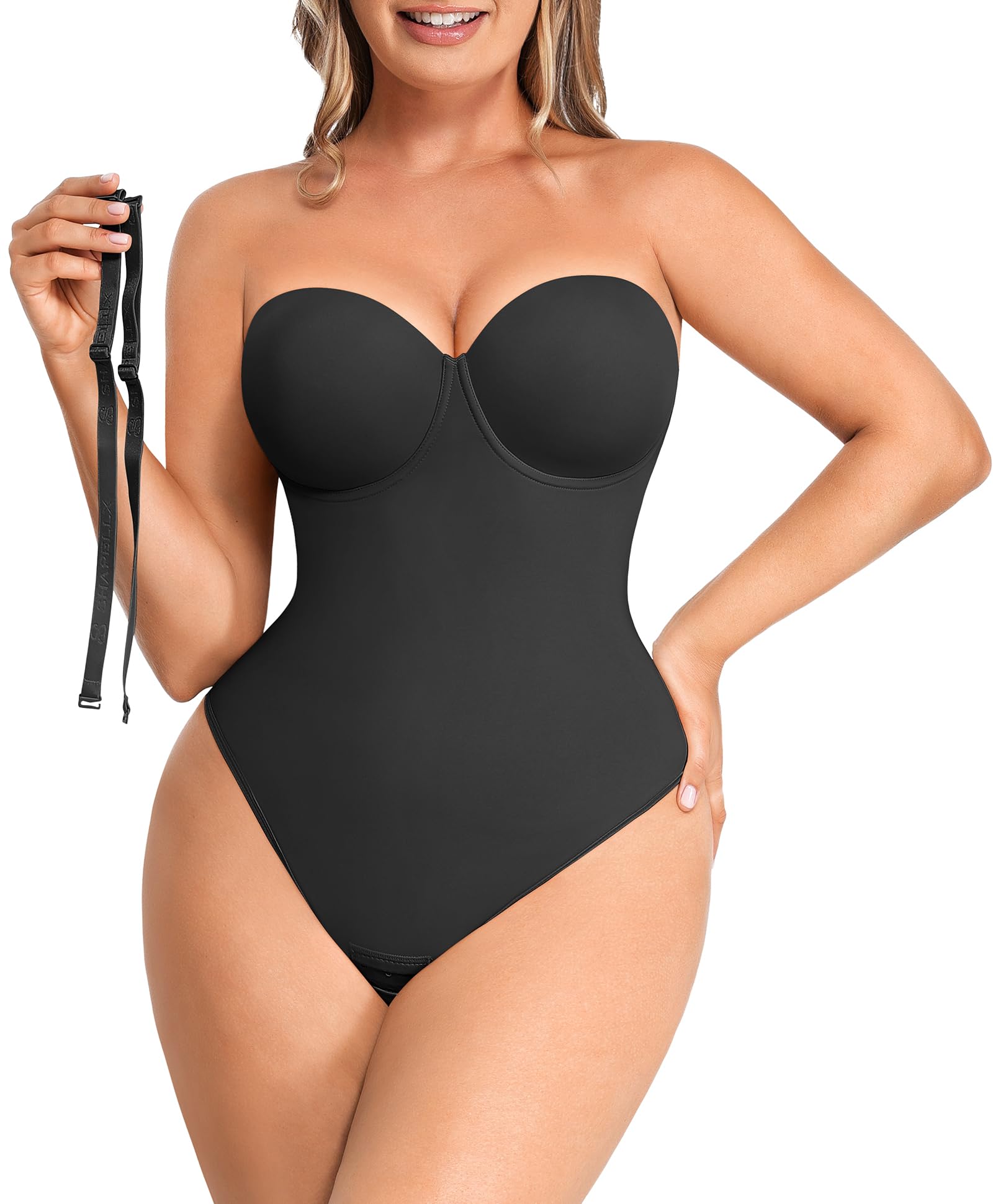 Photo 1 of SHAPELLX Faja Body Shaper for Women Shapewear Bodysuit Tummy Control Strapless Body Suit Thong Low Back Black XXL