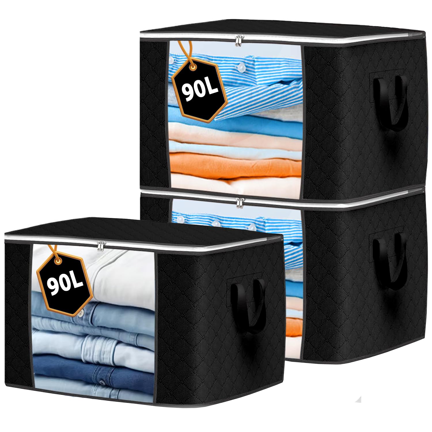 KURNI Storage Bags Clothes Organizer 3 Pack Black, Large Moving Boxes With Top Lid 90L Capacity, 3 Sided Zipper Storage Box. Dust/Mites & Moisture Proof 60 x 43 x 35cm