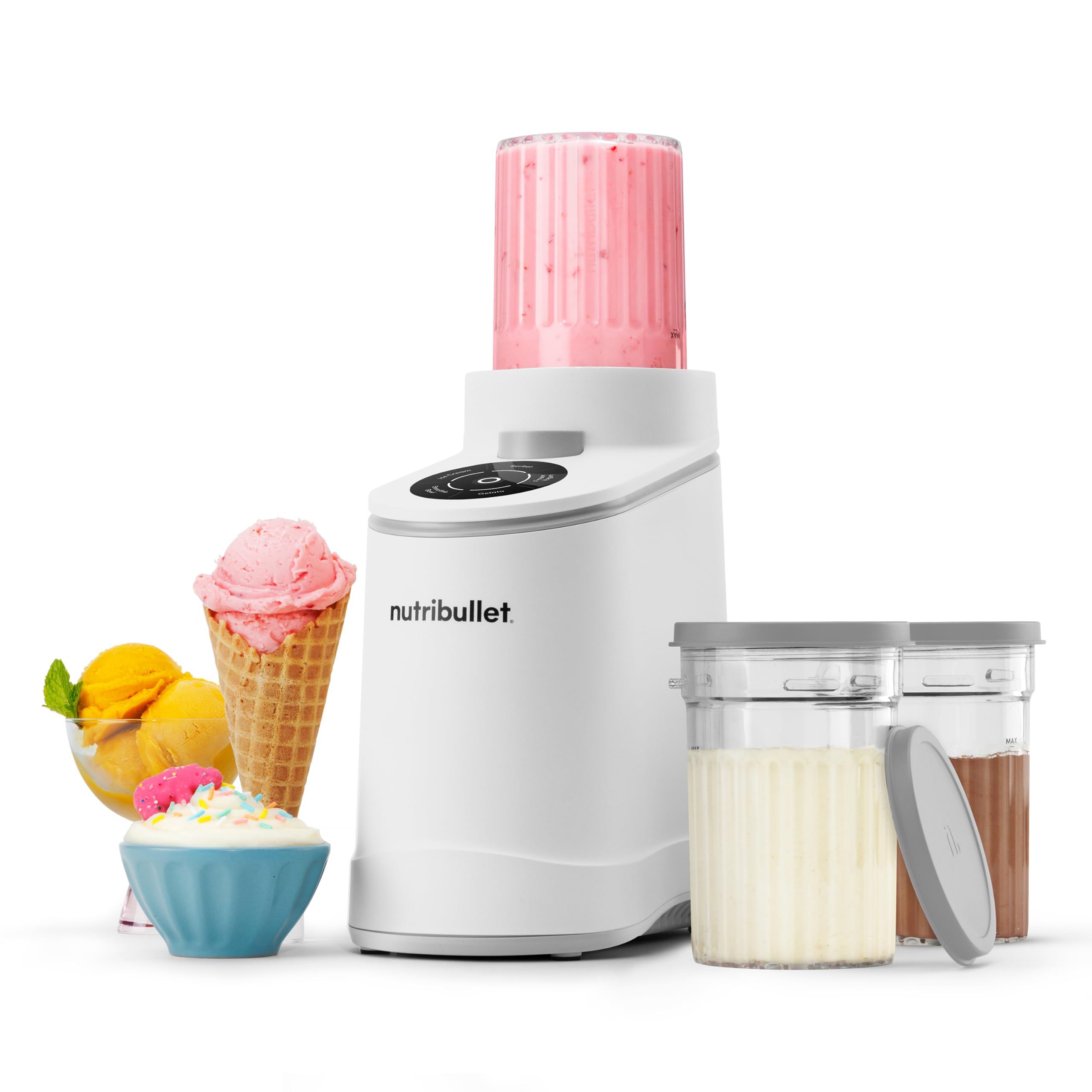 nutribullet Chill – Eismaschine für leckeres Eis, Gelato, Sorbet, Smoothie Bowl und Frozen Yogurt, 5 Automatikprogramme, Eiscreme Maschine, 3 Behälter mit Deckel, ideal für Familien, Weiß (NBD0503W)