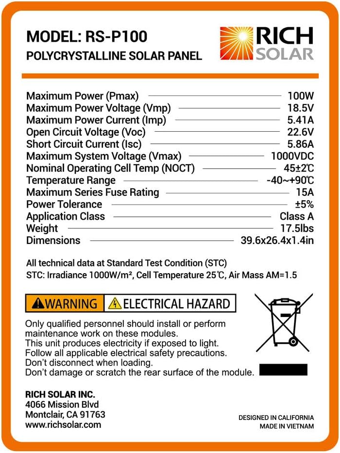 RICH SOLAR 100 Watt 12 Volt Polycrystalline Solar Panel High Efficiency Solar Module Charge Battery for RV Trailer Camper Marine Off Grid : Garden & Outdoor