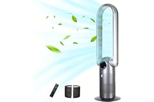 Ocean Loong Bladeless Tower Fan with Air Purifier Oscillation & Tilt Head 9Speeds 9Hours Timer and Remote Control - Quiet Cooling Fan for Bedroom Home Office (Black, 39”)