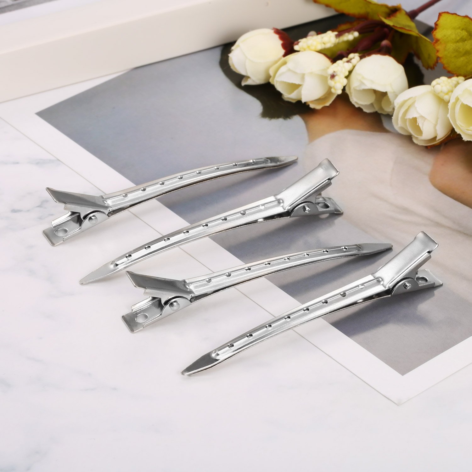 3.5 Inches Duck Bill Hair Clips Metal Alligator Curl Clips Sectioning Clips with Holes (24 Pieces) : Beauty