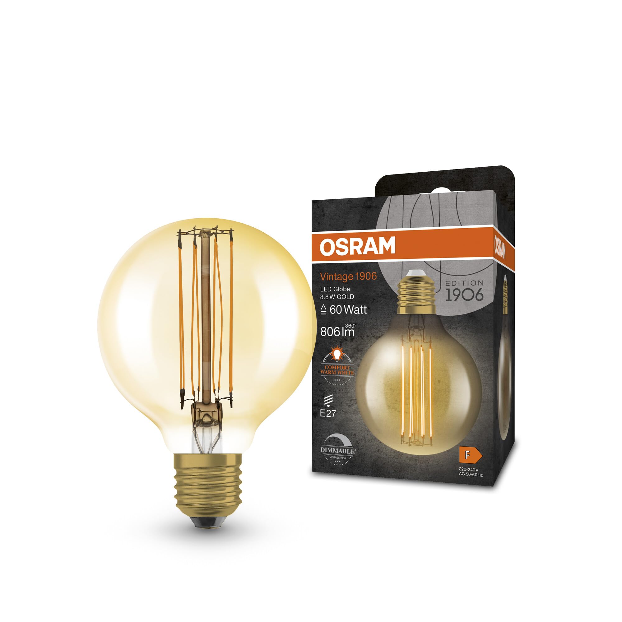 OSRAM Vintage 1906 Led Lamp with Gold Tint, 8.8W, 806Lm, Ball-Shape with 80Mm Diameter and E27 Socket, Warm White Light Color, Straight Filament, Dimmable, Up to 15,000 Hours of Lifespan