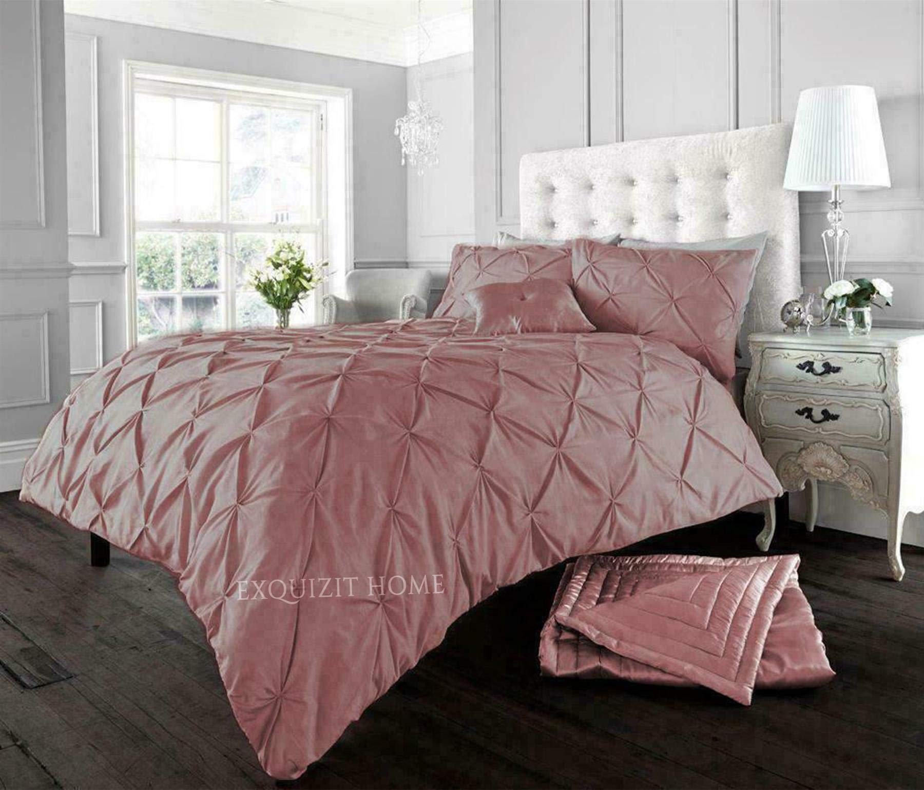 EXQUIZIT HOME Duvet Quilt Cover Pin Tuck Pinch Pleat Alexander Alford Reversible Diamond Bedding Set With Matching Pillowcase Blush Pink Superking 260cm x 220cm Approximate