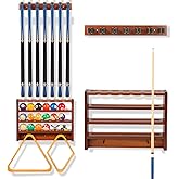 EnigmaSoul Pool Stick Holder - 7 Pool Cue Rack Wall Mount With Cue Rest and Ball holder, Wooden Pool Table Accessories Equipm