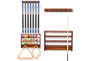 EnigmaSoul Pool Stick Holder - 7 Pool Cue Rack Wall Mount With Cue Rest and Ball holder, Wooden Pool Table Accessories Equipment Organizer, Billiard Cue Racks for Game Room Men Cave- Brown